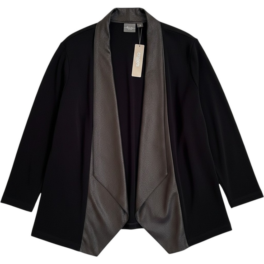 Chicos Travelers Faux Leather Jacket Women 2 Black 3/4 Sleeve Minimalist Career‎